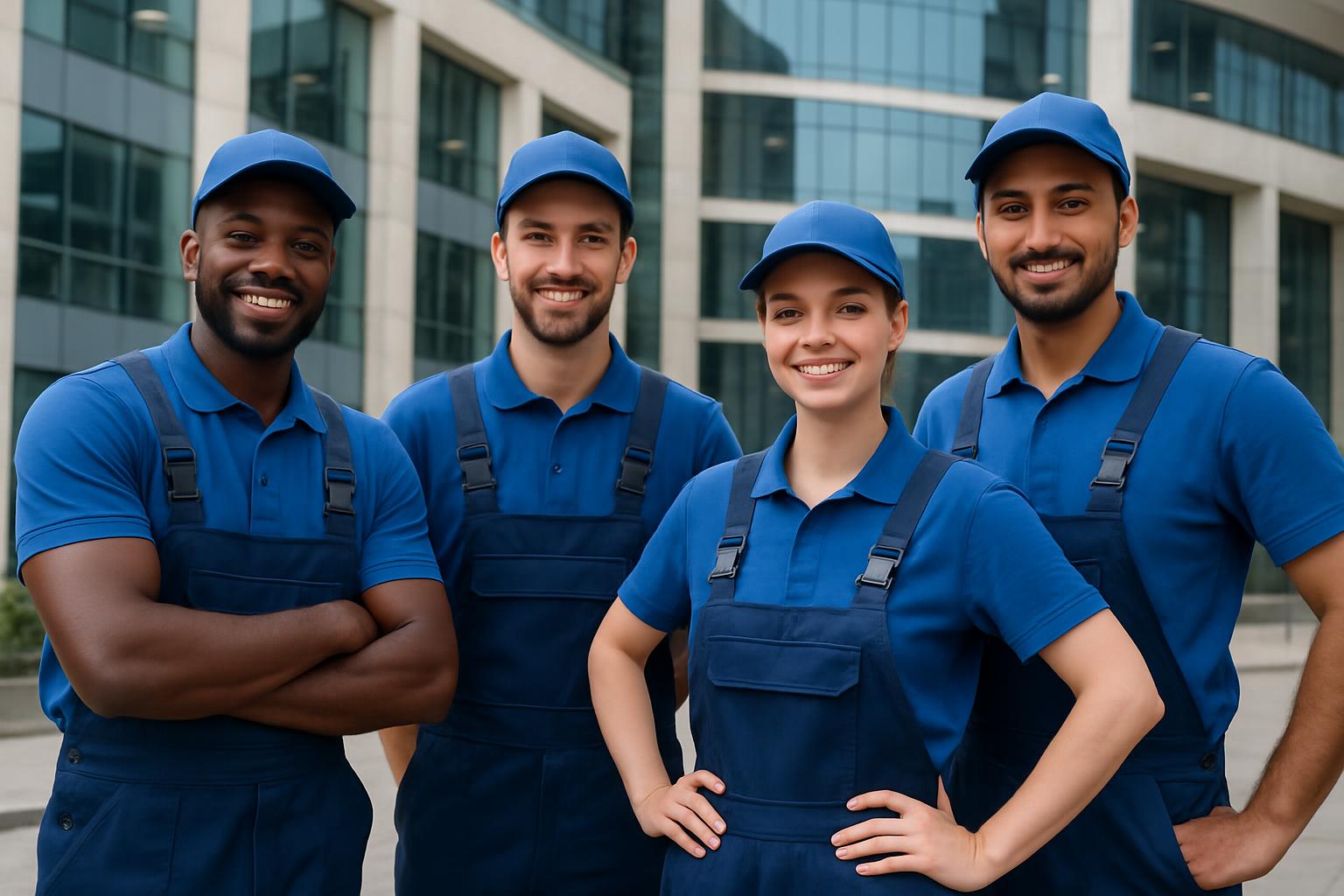 Smiling professional movers in Dubai wearing blue uniforms, representing a trusted and experienced moving and packing team.